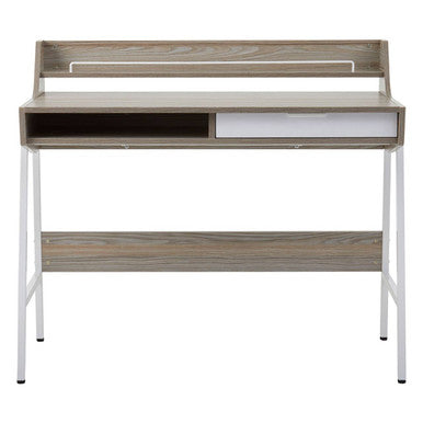 Wooden desk with a white shelf on a white background