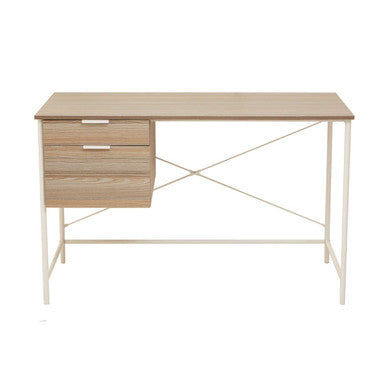 Wooden desk with metal legs on a white background