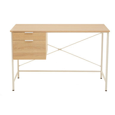 Wooden desk with metal frame on a white background
