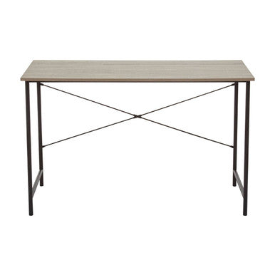 Table with wooden top and metal legs on a white background