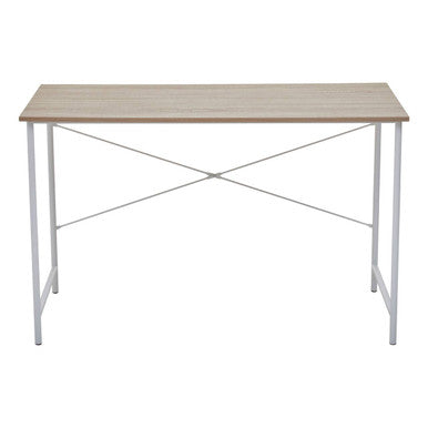 Rectangular table with wooden top and metal legs on a white background