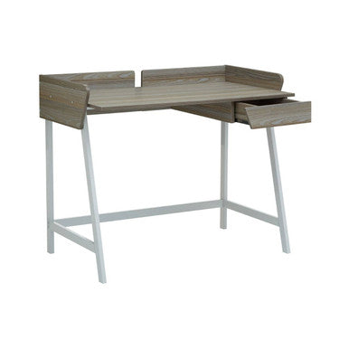 Wooden desk with a white metal frame on a white background