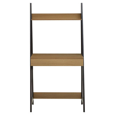 Wooden shelf with black metal frame on a white background