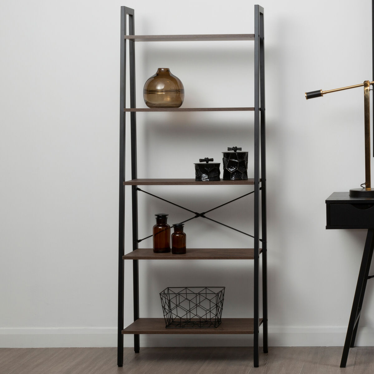 Bradbury Five Tier Dark Oak Veneer Ladder Shelf Unit