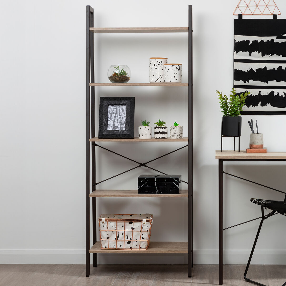 Bradbury Five Tier Grey Oak Veneer Ladder Shelf Unit