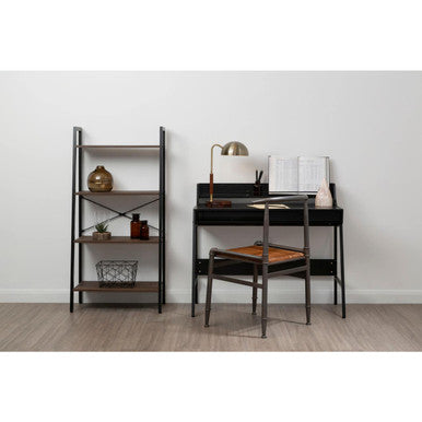 Modern furniture set with a shelf, desk, and chair against a white wall.
