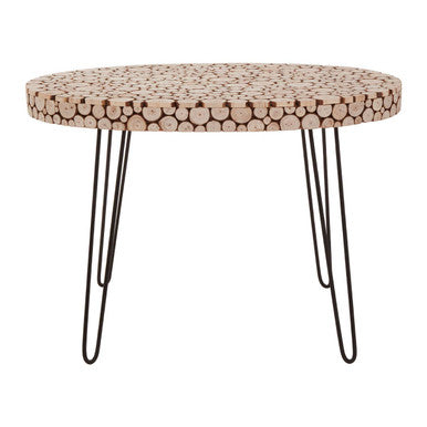 Natural Fir Wood Disc Mosaic Oval Coffee Table with Black Metal Hairpin Legs, Lacuna