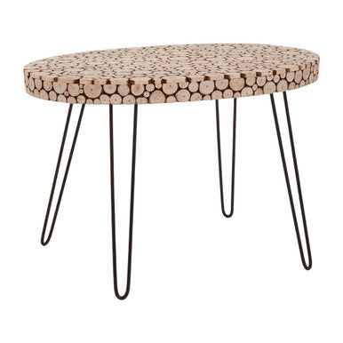 Natural Fir Wood Disc Mosaic Oval Coffee Table with Black Metal Hairpin Legs, Lacuna