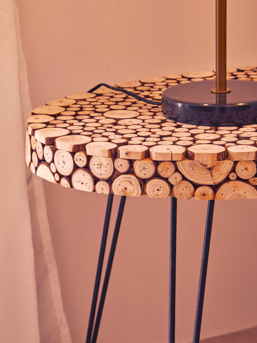 Natural Fir Wood Disc Mosaic Oval Coffee Table with Black Metal Hairpin Legs, Lacuna