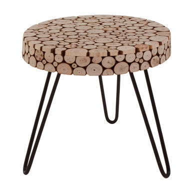Round stool with wooden disc top and black metal legs on a white background