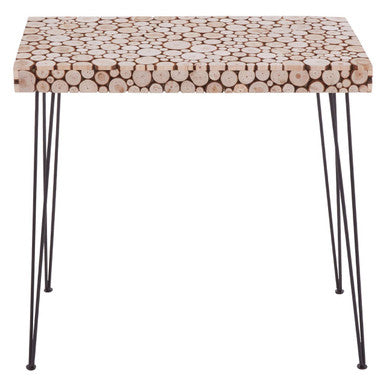 Small table with a wooden log pattern top and black metal legs on a white background