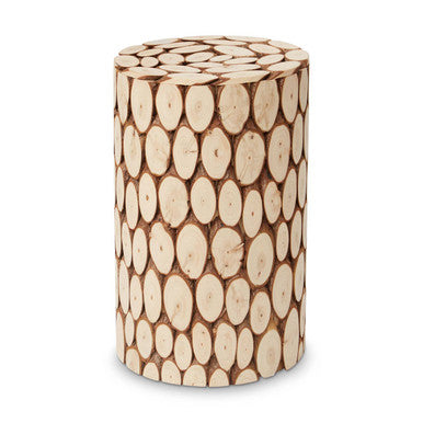 Wooden stool with circular cutout design on a white background