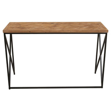 Wooden table with black metal legs on a white background
