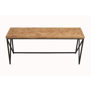 Wooden coffee table with black metal legs on a white background