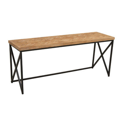 Wooden table with metal legs on a white background