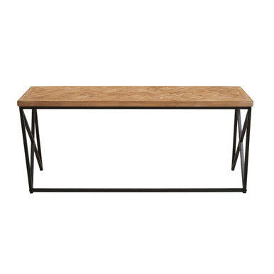 Wooden table with black metal legs on a white background