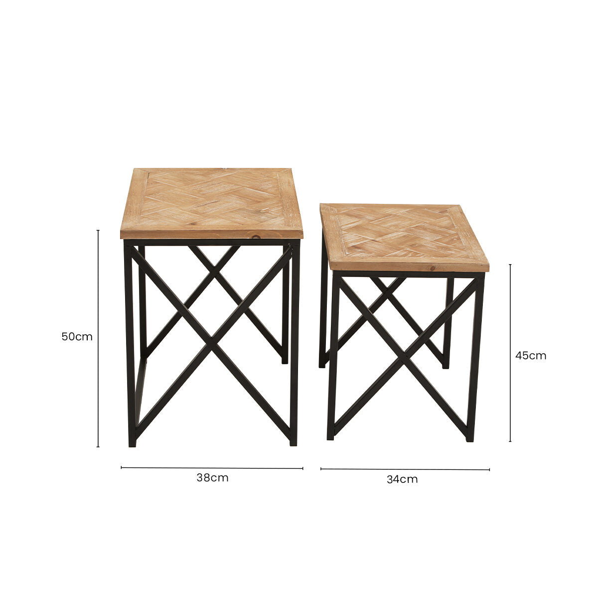 Natural Parquet Fir Wood Set of Two Nesting Tables with Black Metal Frame, Kickford