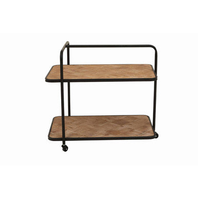 Two-tiered serving cart with wooden shelves on a white background