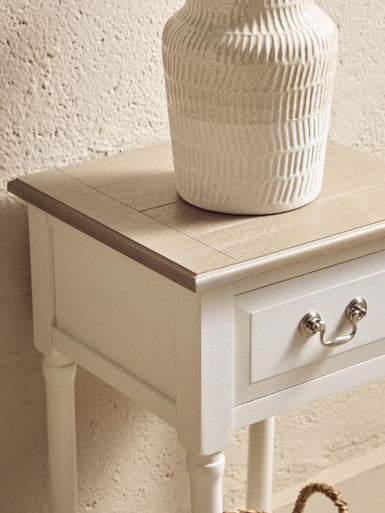 Natural Wood Frame and White 1 Drawer Pine Wood Side Table with Lower Storage Shelf, Heritage