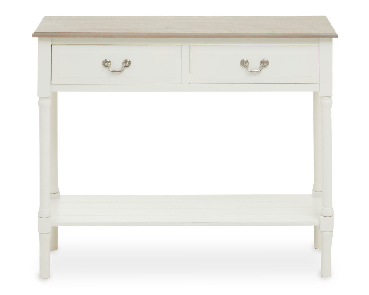 White console table with two drawers on a white background