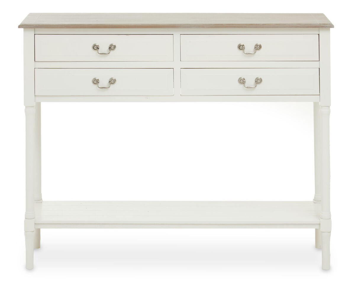 Natural Wood Frame and White 4 Drawer Pine Wood Side Table with Lower Storage Shelf, Heritage