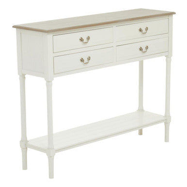 Natural Wood Frame and White 4 Drawer Pine Wood Side Table with Lower Storage Shelf, Heritage