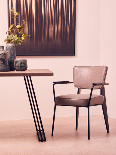 Light Brown Veneer Wooden Top Dining Table with Black U Shaped Metal Base, Adele