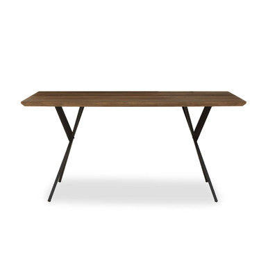 Wooden table with black metal legs on a white background