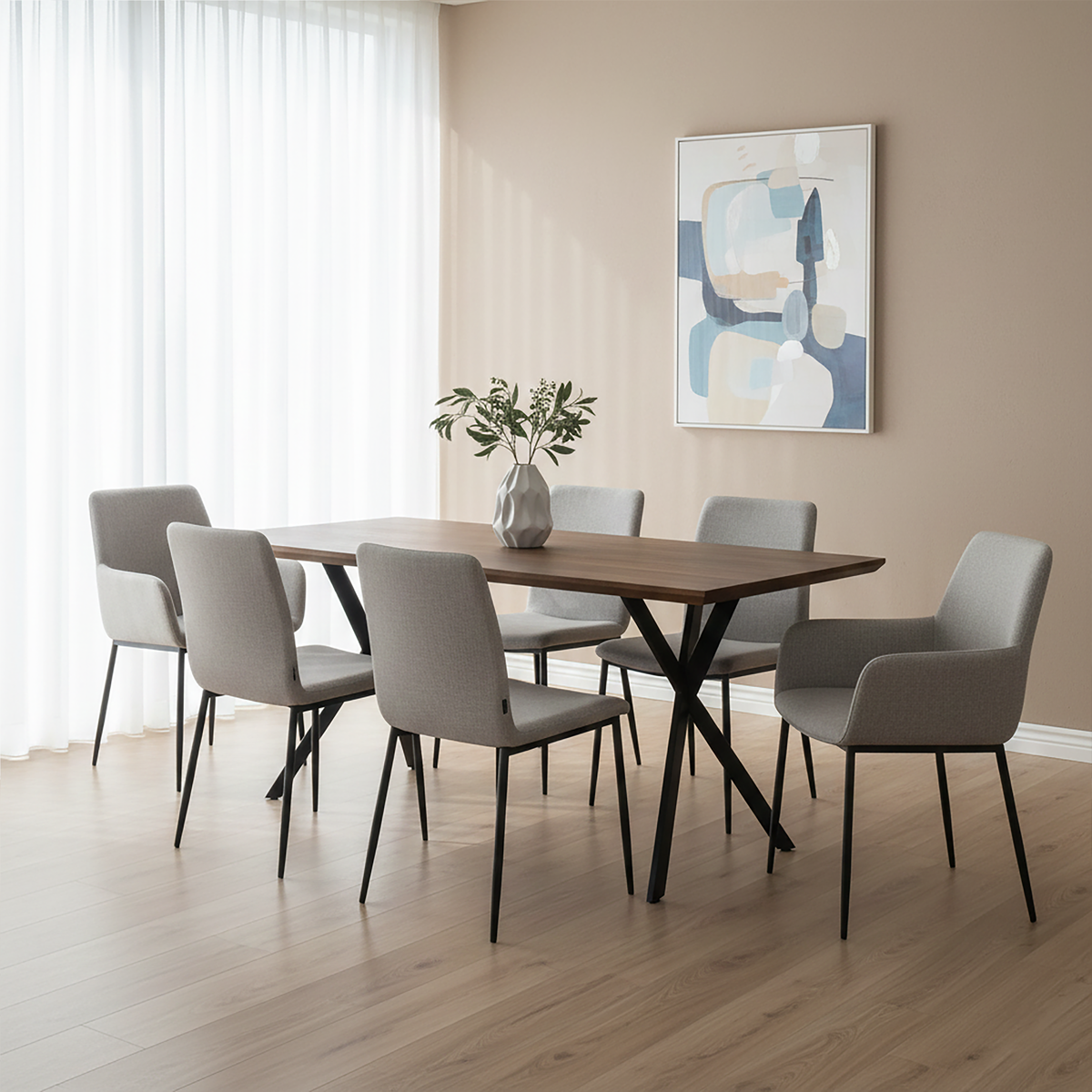Brown Veneer Wooden Top Dining Table with Black X Shaped Metal Base, Arron