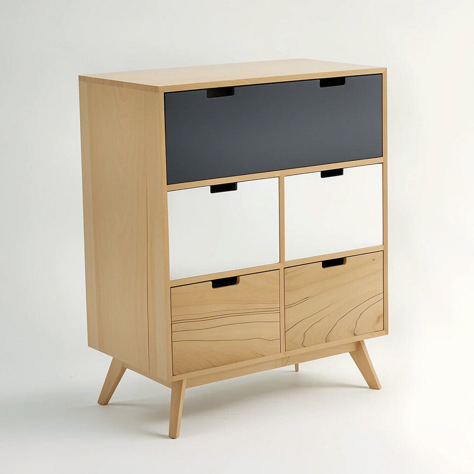 Wooden cabinet with a dark gray door on a white background