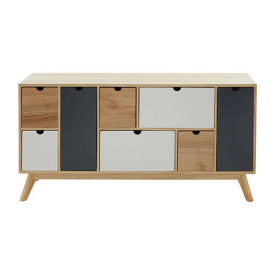 Wooden cabinet with a mix of wooden and dark gray doors on a white background