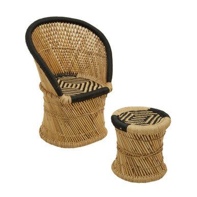 Woven chair and ottoman set on a white background