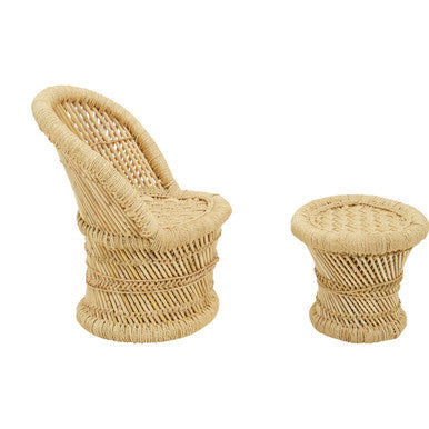 Woven sandal and footstool set on a white background