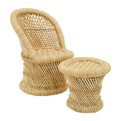 Woven chair and ottoman set on a white background