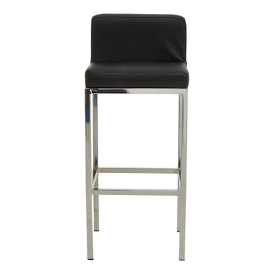 Bar stool with black cushioned seat and silver metal legs on a white background