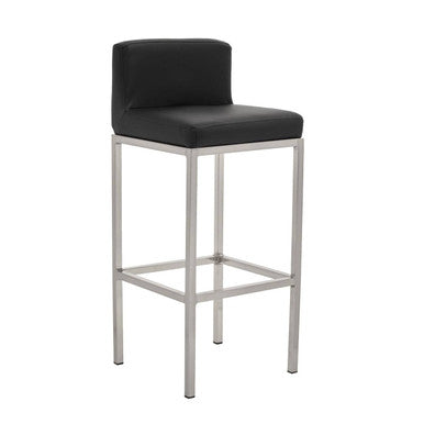 Black bar stool with a metal frame on a white background