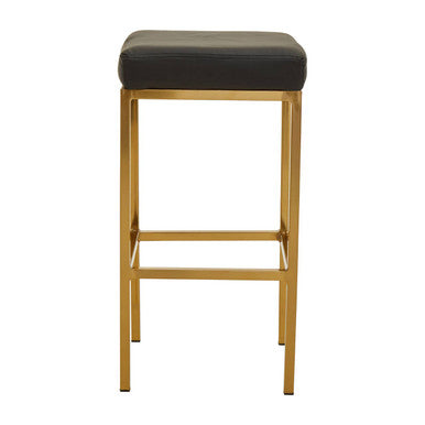 Bar stool with black cushioned seat and gold metal frame on a white background
