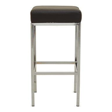 Bar stool with black cushioned seat and metal frame on a white background