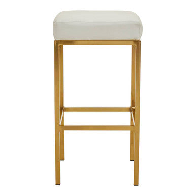 Bar stool with white cushioned seat and gold metal frame on a white background