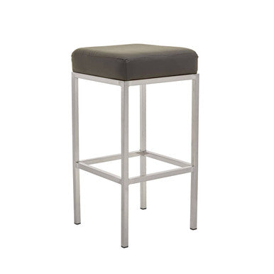 Bar stool with gray cushioned seat and metal frame on a white background