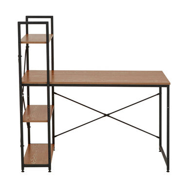 Wooden desk with metal frame and shelves on a white background