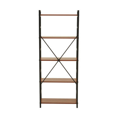 Bookshelf with wooden shelves and metal frame on a white background