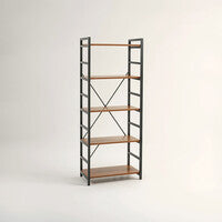 Bookshelf with metal frame and wooden shelves on a white background
