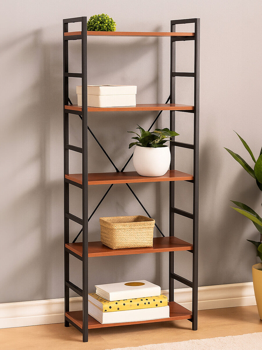 Bookshelf with wooden shelves and metal frame against a gray wall.