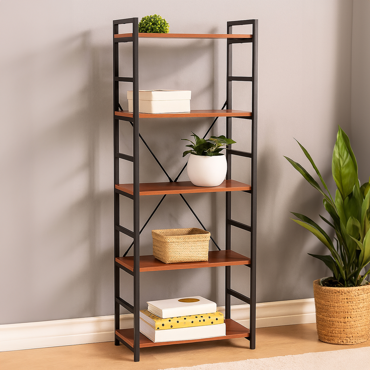 Bookshelf with wooden shelves and metal frame against a gray wall