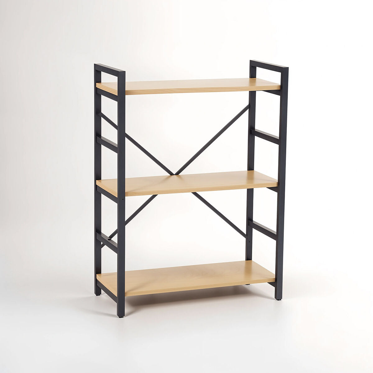Bookshelf with black metal frame and wooden shelves on a white background