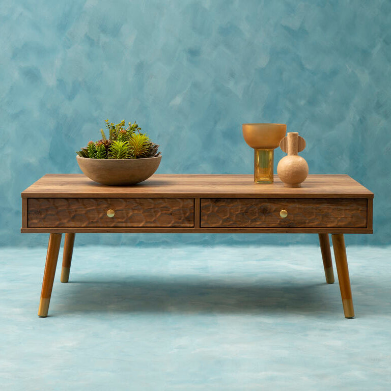 Brown Wood Veneer Coffee Table with 2 Drawers and Angular Wooden Legs | Frida