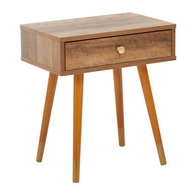 Natural Brown Wood Effect Bedside Table with 1 Drawer and Angular Legs, Frida