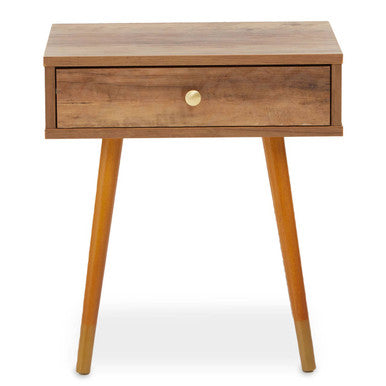 Wooden side table with a single drawer on a white background