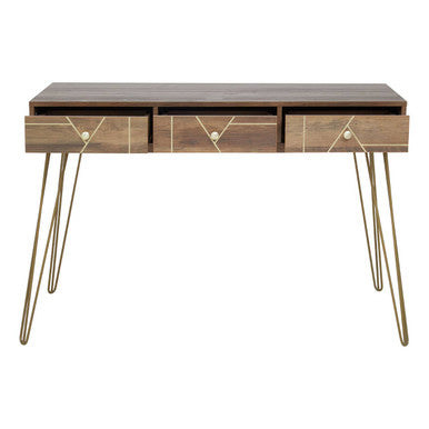 Wooden console table with gold accents on a white background